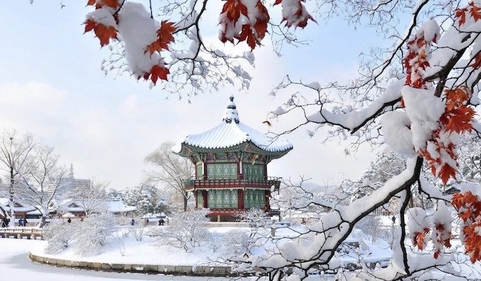Cảnh sắc mùa đông tại cung điện Gyeongbok Hàn Quốc.